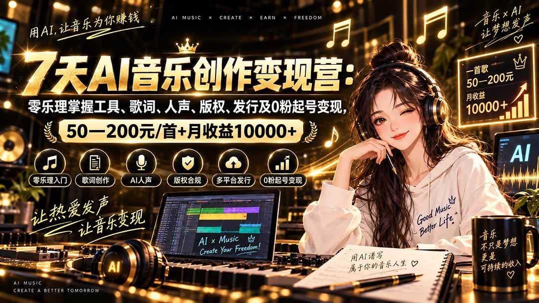 （20442期）AI音乐创作变现营：零乐理掌握工具、歌词、人声、版权、发行及0粉起号变现，50—200元/首+月收益10000+-选优云网创
