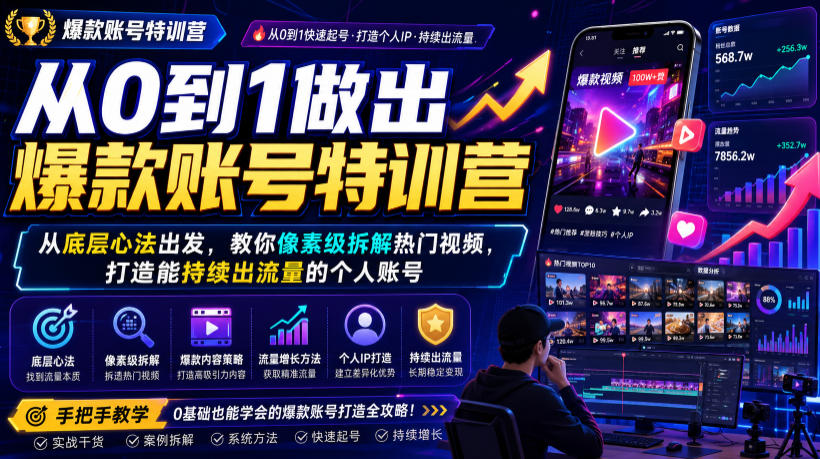 从0到1做出爆款账号特训营,从底层心法出发,教你像素级拆解热门视频,打造能持续出流量的个人账号-选优云网创