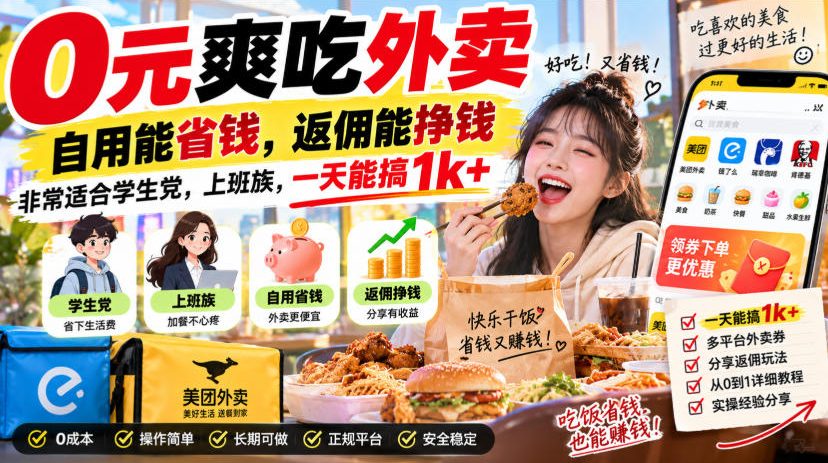 0元爽吃外卖，自用能省钱，返佣能挣钱，非常适合学生党，上班族，一天能搞1k+-选优云网创