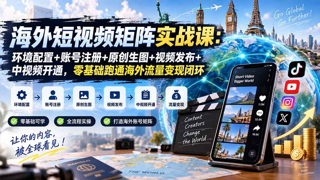 （20470期）海外短视频矩阵实战课：环境配置+账号注册+原创生图+视频发布+中视频开通，零基础跑通海外流量变现闭环-选优云网创
