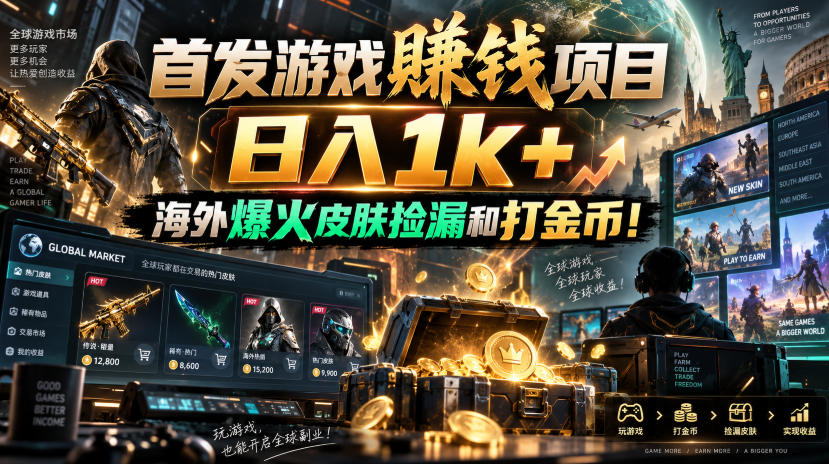 首发游戏賺钱项目，日入1k+，海外爆火皮肤捡漏和打金币！【揭秘】-选优云网创