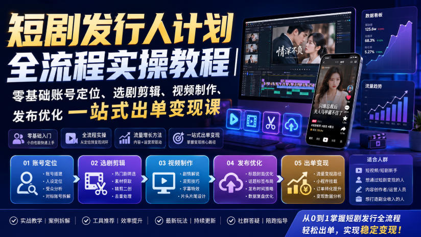 短剧发行人计划全流程实操教程｜零基础账号定位、选剧剪辑、视频制作、发布优化一站式出单变现课-选优云网创