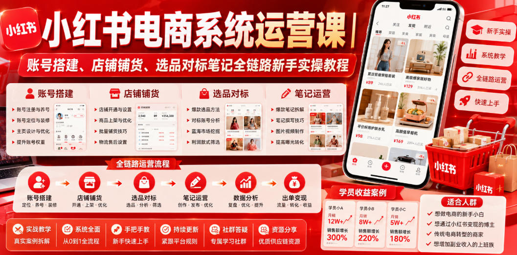小红书电商系统运营课｜账号搭建、店铺铺货、选品对标笔记全链路新手实操教程-选优云网创