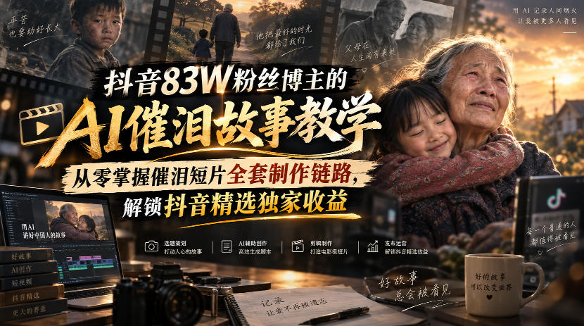 抖音83W粉丝博主的AI催泪故事教学，从零掌握催泪短片全套制作链路，解锁抖音精选独家收益-选优云网创