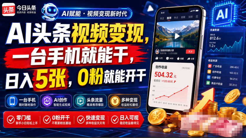 AI头条视频变现，一台手机就能干，日入5张，0粉就能开干-选优云网创