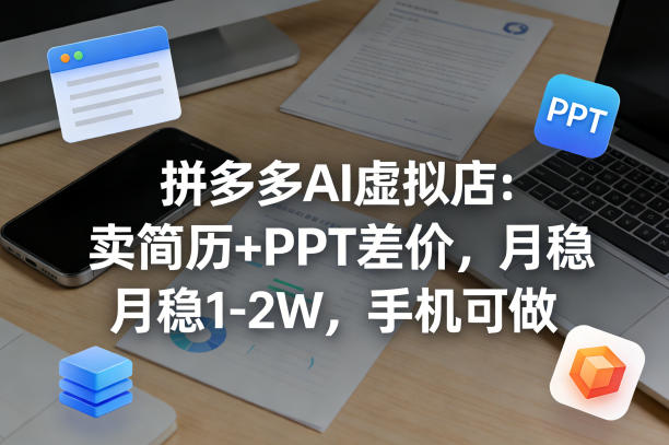 【暴力项目】拼多多AI虚拟店：卖简历+PPT差价，月稳1-2W，手机可做-选优云网创