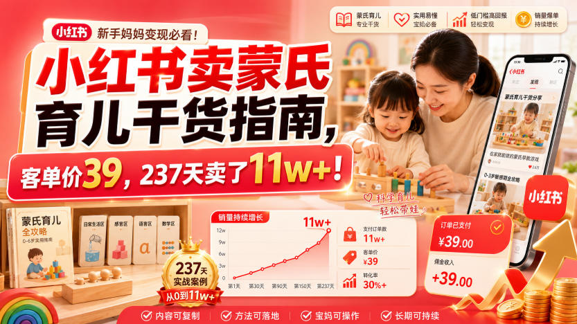 小红书卖蒙氏育儿干货指南，客单价39，237天卖了11w+！-选优云网创