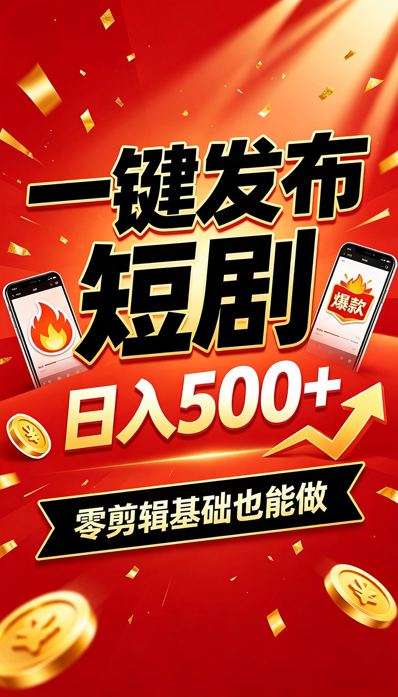 快手短剧一键发布，不用剪辑操作简单，副业日入500+。空闲时间轻松赚收益-选优云网创