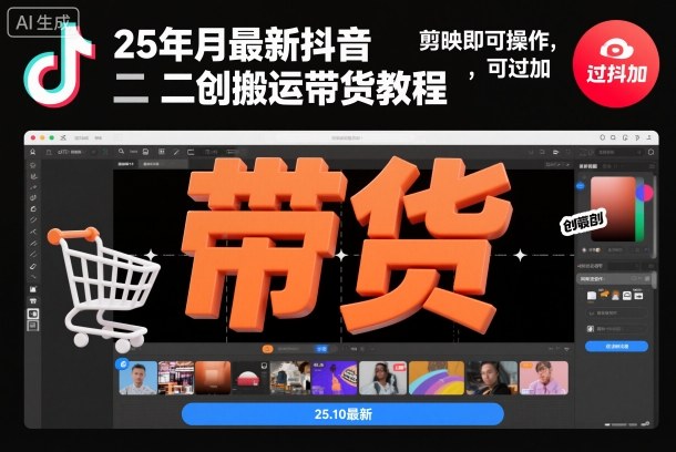25年10月最新抖音二创搬运带货教程，剪映即可操作，可过抖加-选优云网创