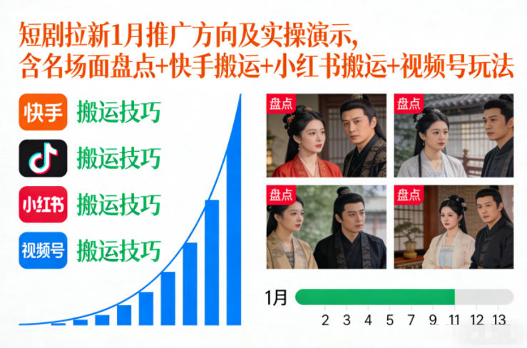 短剧拉新1月推广方向及实操演示，含名场面盘点+快手搬运+小红书搬运+视频号玩法-选优云网创