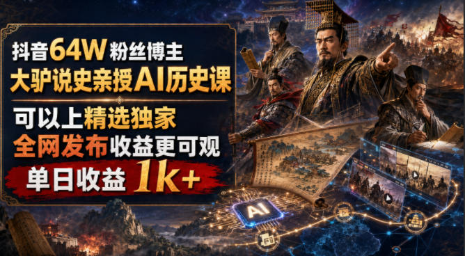抖音64W粉丝博主大驴说史亲授AI历史课，可以上精选独家，全网发布收益更可观，单日收益1k+-选优云网创
