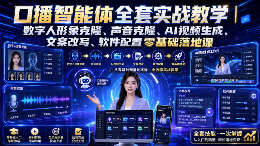 口播智能体全套实战教学|数字人形象克隆、声音克隆、AI视频生成、文案改写、软件配置零基础落地课-选优云网创