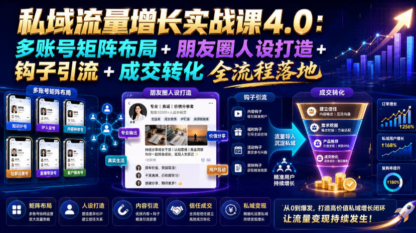 私域流量增长实战课4.0：多账号矩阵布局+朋友圈人设打造+钩子引流+成交转化全流程落地-选优云网创