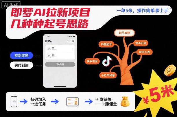 即梦AI拉新项目几种起号思路，一单5米，操作简单易上手-选优云网创