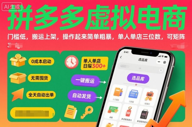 拼多多虚拟电商，门槛低，搬运上架，操作起来简单粗暴，单人单店三位数，可矩阵-选优云网创