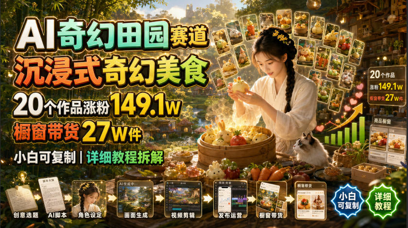 AI奇幻田园赛道，沉浸式奇幻美食，20个作品涨粉149.1W，橱窗带货27W件，小白可复制，详细教程拆解-选优云网创