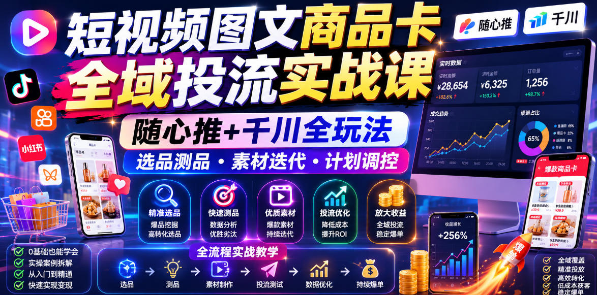 短视频图文商品卡全域投流实战课，随心推+千川全玩法，选品测品・素材迭代・计划调控，提升ROI爆单增收教程-选优云网创