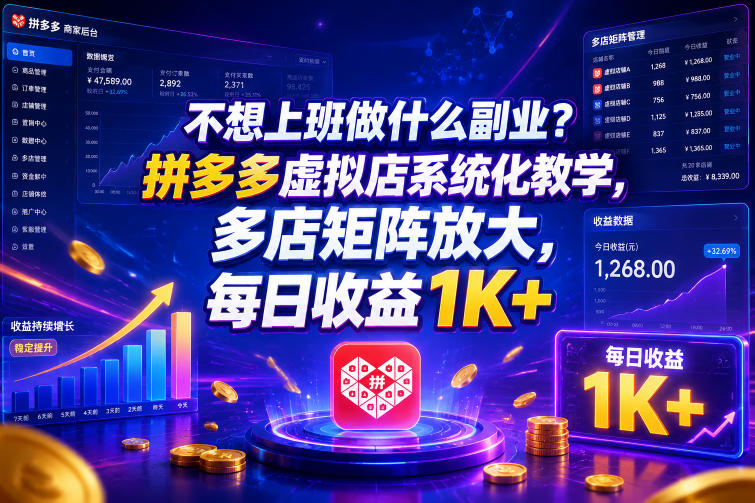 不想上班做什么副业？拼多多虚拟店系统化教学，多店矩阵放大，每日收益1K+【揭秘】-选优云网创