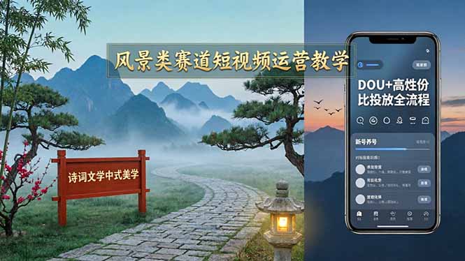 风景类赛道短视频运营教学：诗词文学中式美学，新号养号对标账号定位，DOU+高性价比投放全流程-选优云网创