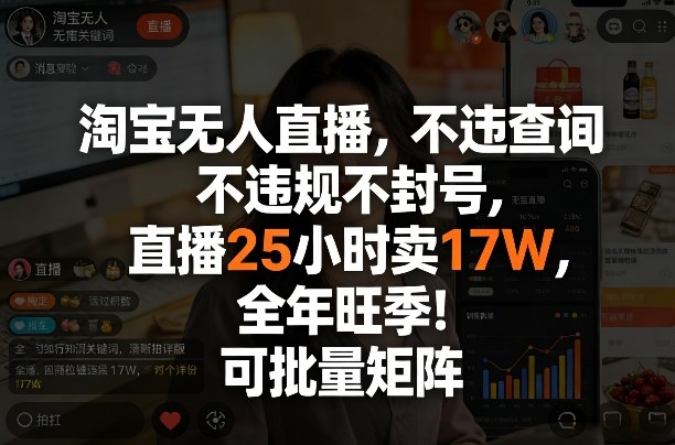 淘宝无人直播，不违规不封号，直播25小时卖17W，全年旺季！可批量矩阵【揭秘】-选优云网创
