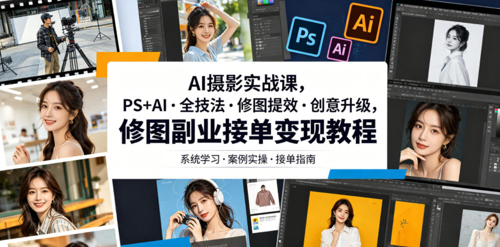 AI摄影实战课，PS+AI・全技法・修图提效・创意升级，修图副业接单变现教程-选优云网创
