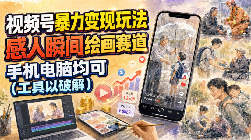 视频号暴力变现玩法，感人瞬间绘画赛道，手机电脑均可-选优云网创