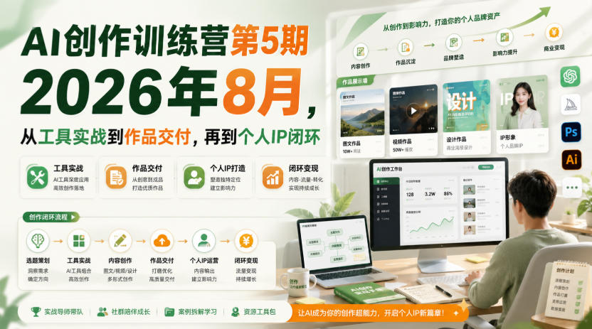 AI创作训练营第5期2026年8月，从工具实战到作品交付，再到个人IP闭环（更新0904）-选优云网创
