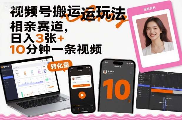 视频号搬运玩法，相亲赛道，日入3张+，10分钟一条视频-选优云网创