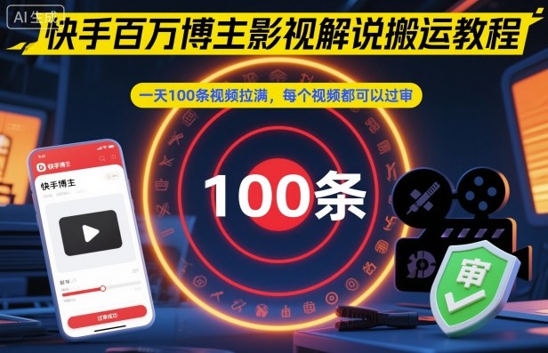 快手百万博主影视解说搬运教程，一天100条视频拉满，每个视频都可以过审-选优云网创
