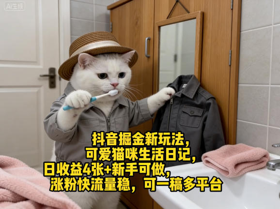 抖音掘金新玩法，可爱猫咪生活日记，日收益4张+新手可做，涨粉快流量稳，可一稿多平台-选优云网创