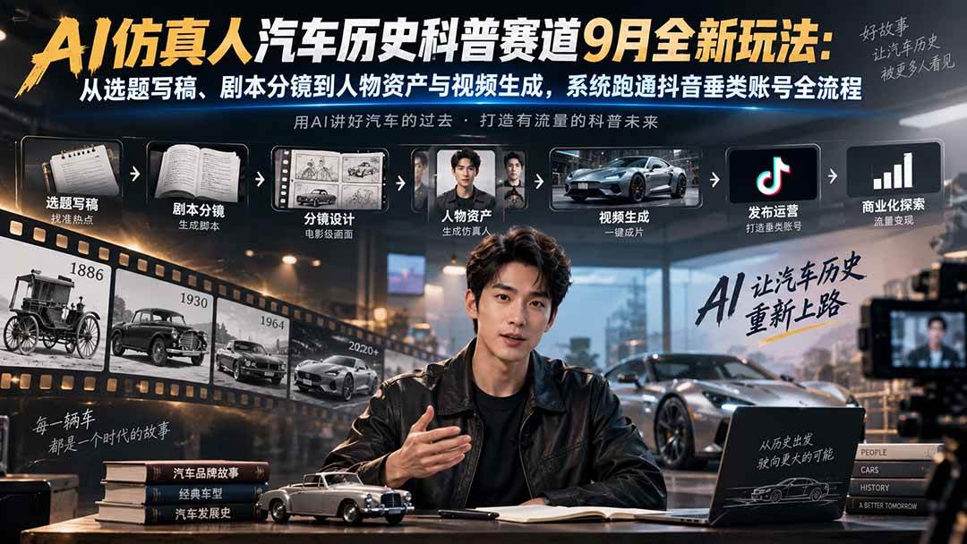 （20413期）AI仿真人汽车历史科普赛道9月全新玩法：从选题写稿、剧本分镜到人物资产与视频生成，系统跑通抖音垂类账号全流程-选优云网创