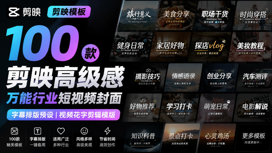 【剪映模板】100款剪映高级感万能行业短视频封面字幕排版预设视频花字剪辑模版-选优云网创