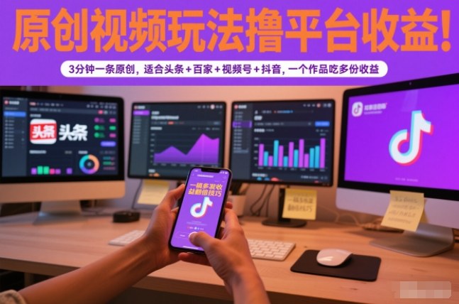 原创视频玩法撸平台收益，3分钟一条原创，适合头条+百家+视频号+抖音，一个作品吃多份收益-选优云网创