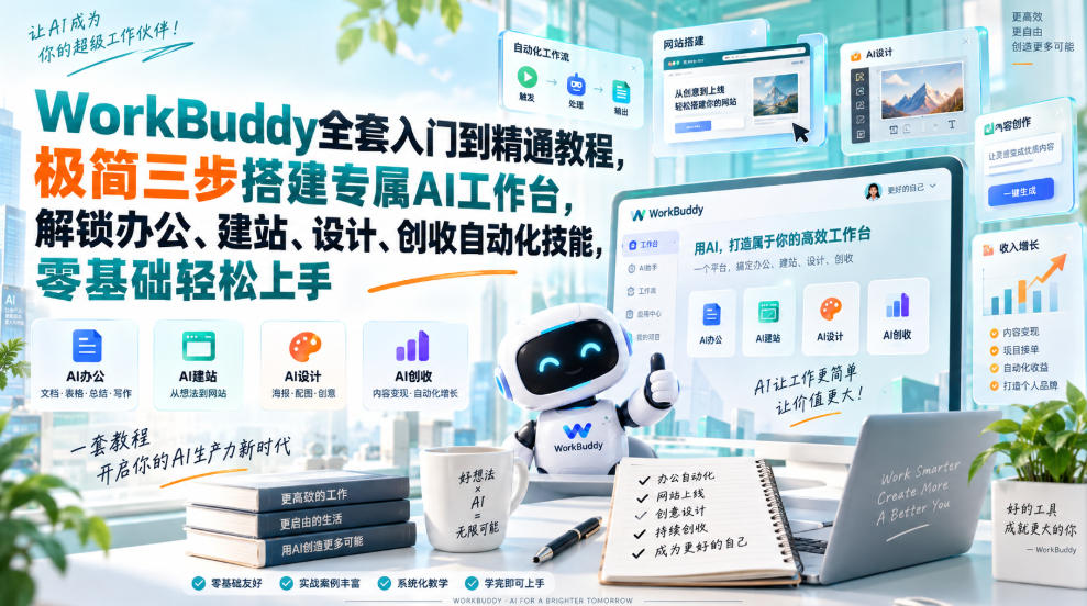 WorkBuddy全套入门到精通教程,极简三步搭建专属AI工作台,解锁办公、建站、设计、创收自动化技能,零基础轻松上手-选优云网创