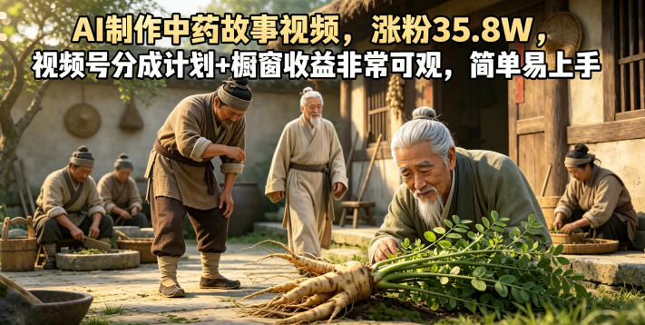 AI制作中药故事视频，涨粉35.8W，视频号分成计划+橱窗收益非常可观，简单易上手-选优云网创