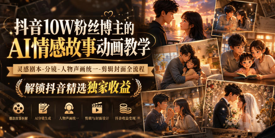 抖音10W粉丝博主的AI情感故事动画教学，灵感剧本‑分镜‑人物声画统一‑剪辑封面全流程，解锁抖音精选独家收益-选优云网创