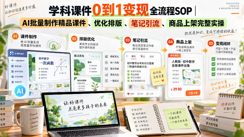 学科课件0到1变现全流程SOP｜AI批量制作精品课件、优化排版、笔记引流、商品上架完整实操-选优云网创