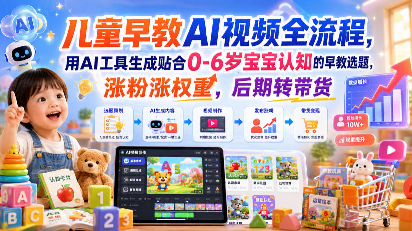 儿童早教AI视频全流程，用AI工具生成贴合0-6岁宝宝认知的早教选题，涨粉涨权重，后期转带货-选优云网创