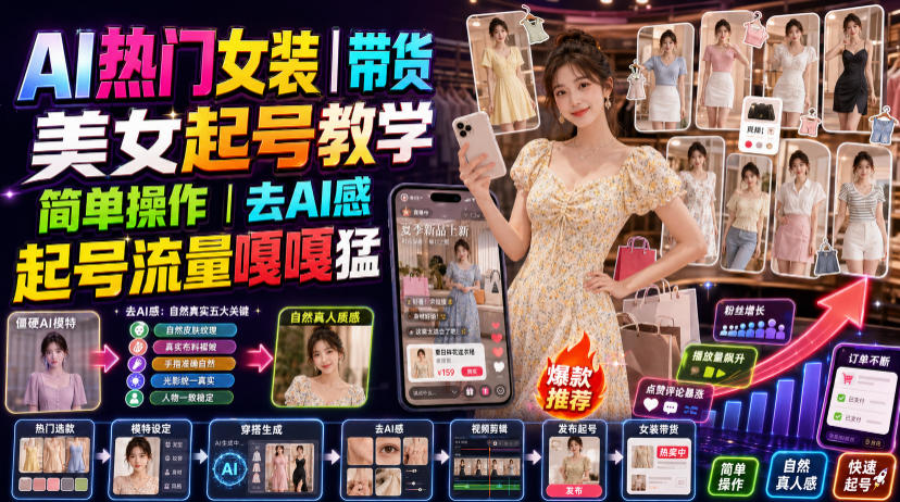 AI热门女装带货丨美女起号教学，简单操作，去AI感，起号流量嘎嘎猛-选优云网创