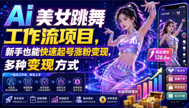 Ai美女跳舞工作流项目，新手也能快速起号涨粉变现，多种变现方式-选优云网创