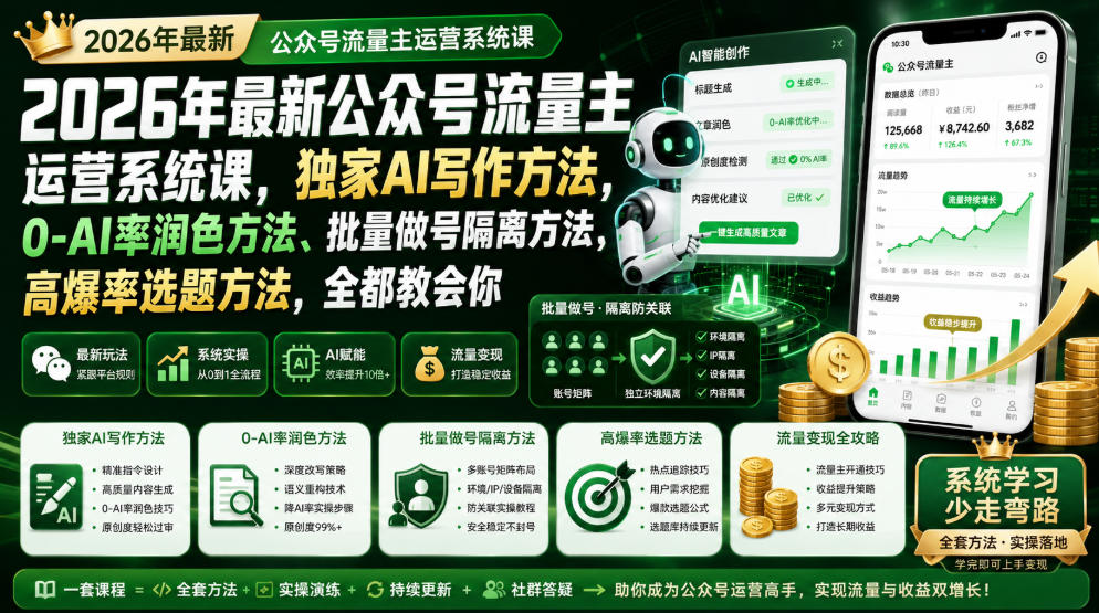 2026年最新公众号流量主运营系统课，独家AI写作方法，0-AI率润色方法、批量做号隔离方法、高爆率选题方法，全都教会你-选优云网创
