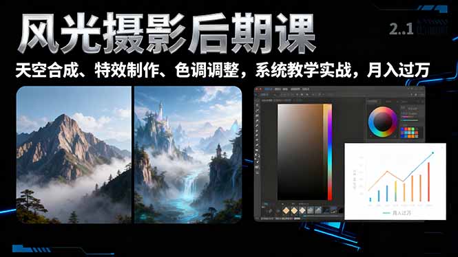 风光摄影后期课，一键换天空合成、特效制作、色调调整，月入过万-选优云网创