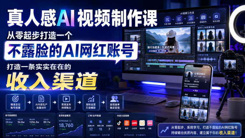 真人感AI视频制作课，从零起步打造一个不露脸的AI网红账号，打造一条实实在在的收入渠道【原创双语字幕】-选优云网创