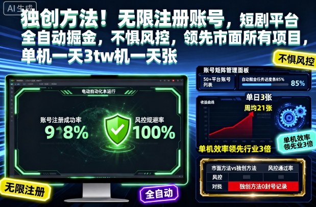独创方法！无限注册账号，短剧平台全自动掘金，不惧风控，领先市面所有项目，单机一天3张【揭秘】-选优云网创