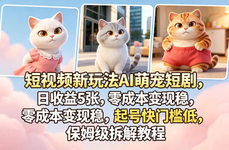短视频新玩法AI萌宠短剧，日收益5张，零成本变现稳，起号快门槛低，保姆级拆解教程-选优云网创