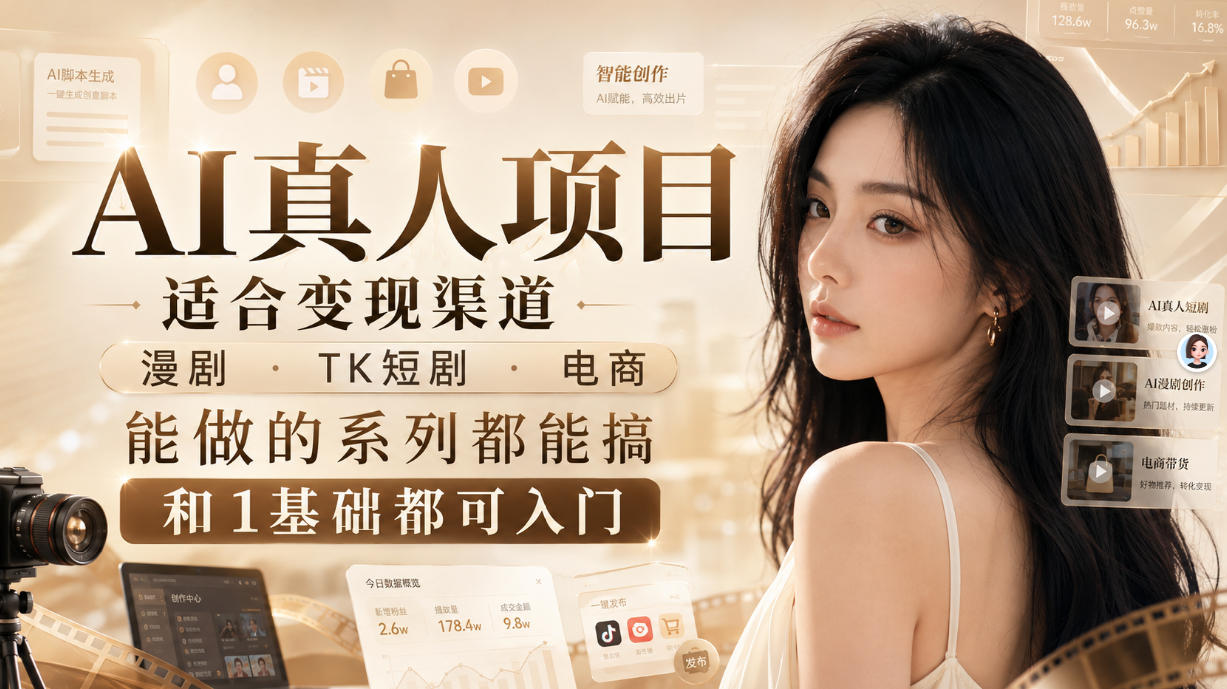 AI真人项目，适合变现渠道，漫剧，TK短剧，电商，能做的系列都能搞，0和1基础都可入门-选优云网创