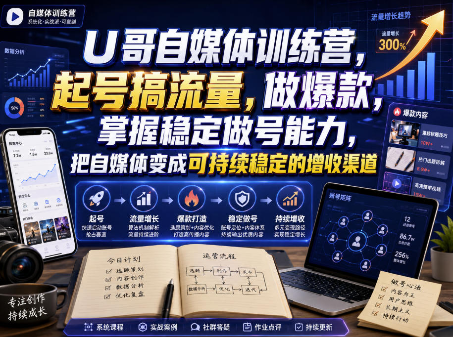 U哥自媒体训练营,起号搞流量,做爆款,掌握稳定做号能力,把自媒体变成可持续稳定的增收渠道-选优云网创