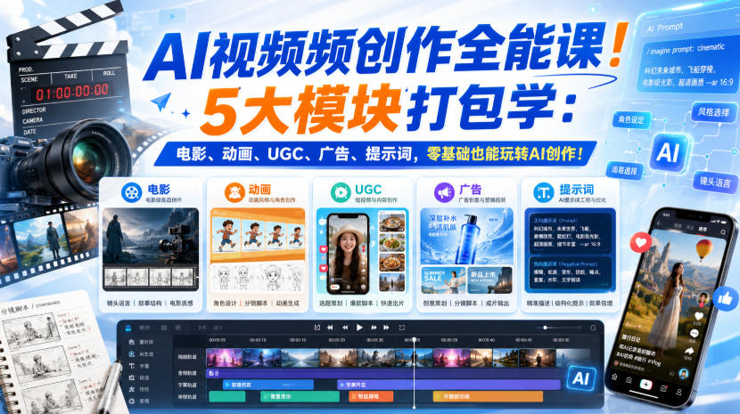 AI视频频创作全能课！5大模块打包学：电影、动画、UGC、广告、提示词，零基础也能玩转AI创作！【原创双语字幕】-选优云网创