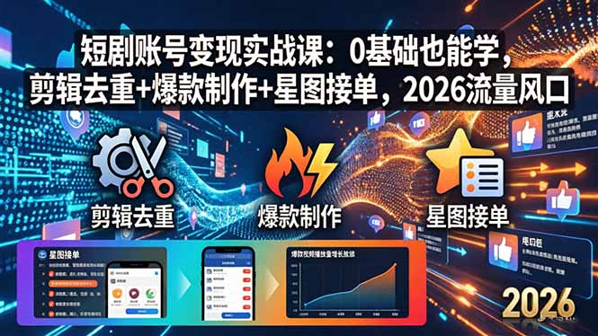 短剧账号变现实战课：0基础也能学，剪辑去重+爆款制作+星图接单，2026流量风口-选优云网创