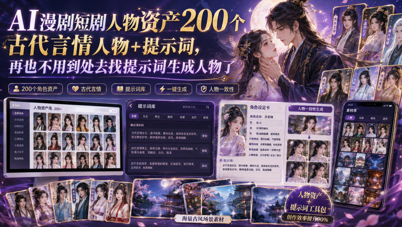 AI漫剧短剧人物资产200个古代言情人物+提示词，再也不用到处去找提示词生成人物了-选优云网创